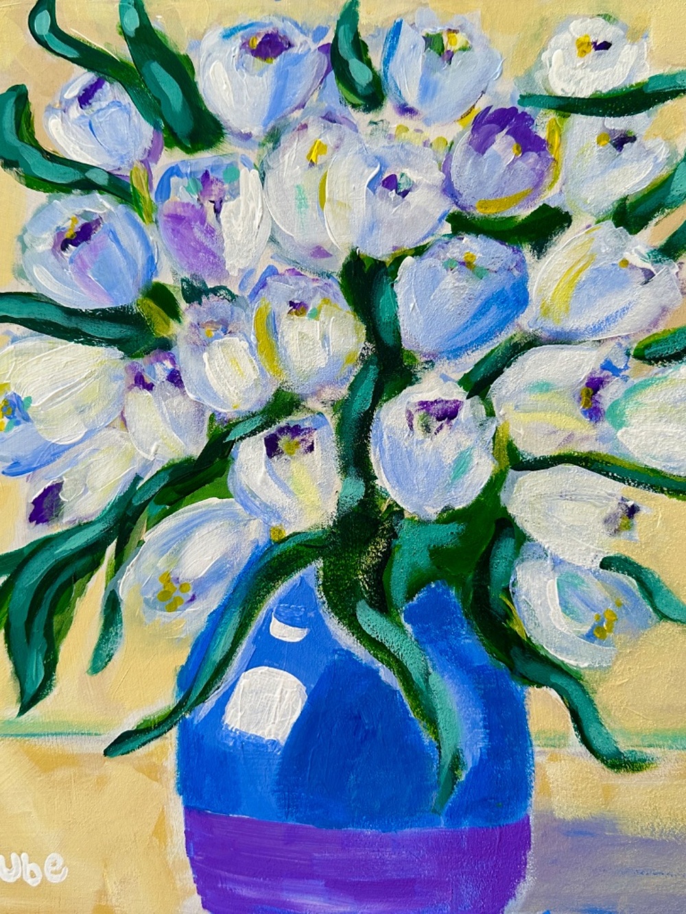 Original Painting Tulip Bouquet Vase Modern Impressionism 12x12" Wood Panel